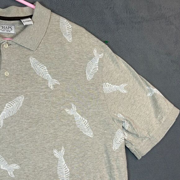 Chaps Polo Shirt Mens Extra Large‎ Beige All Over Fish Print 100% Cotton - Picture 3 of 11